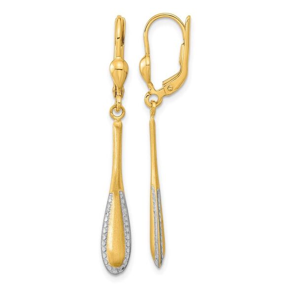 14k Yellow Gold Rhodium-plated Diamond-cut Satin Drop Leverback Earrings